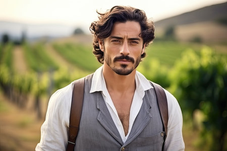 Portrait of handsome man with suspenders standing in vineyard at sunsetの素材
