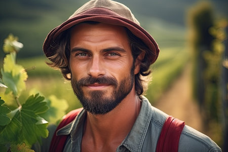 Portrait of handsome man in hat looking at camera in vineyardの素材