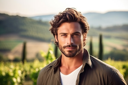 Portrait of handsome man in vineyard in Tuscany, Italyの素材