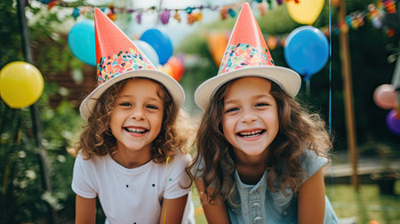 happy kids in party hats having fun together at birthday party in parkの素材