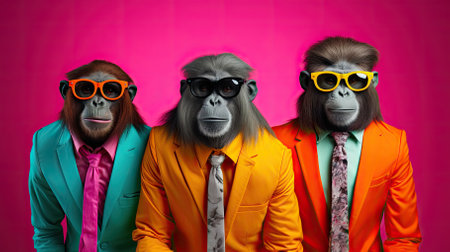 Group of monkeys in a colorful suit and sunglasses on a pink background.の素材