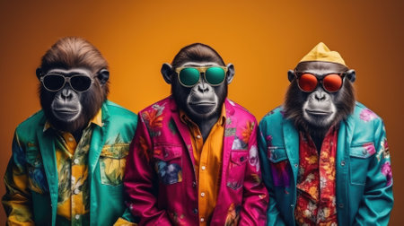 Three monkeys in colorful clothes and sunglasses posing on a yellow background.の素材