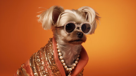 Yorkshire Terrier wearing sunglasses on orange background. Studio shot.の素材