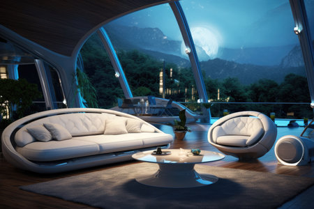 3D rendering of a modern living room with a view of the mountainsの素材