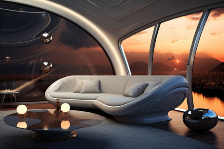 Interior of a modern yacht with a view of the sea and mountainsの素材