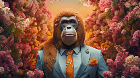 Orangutan in a suit and tie on a background of flowersの素材