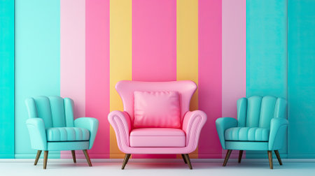 interior with pink armchairs and colorful wall, 3d renderの素材