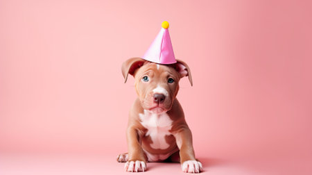 American staffordshire terrier puppy with birthday hat on pink backgroundの素材