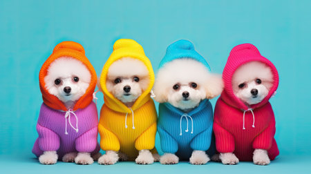 group of cute pomeranian dogs in colorful warm clothes on blue backgroundの素材