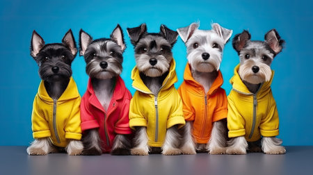 group of miniature schnauzer dogs in a colorful hoodieの素材