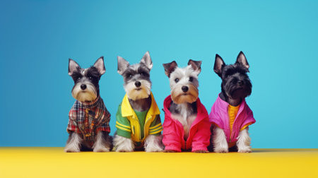 miniature schnauzer dogs in colorful clothes on blue backgroundの素材