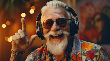 Portrait of a happy senior man listening to music with headphones.の素材