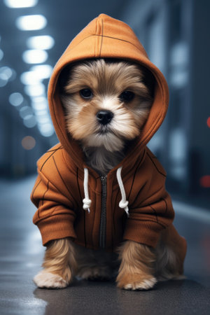 Cute puppy in hoodie sitting on floor in the city.の素材
