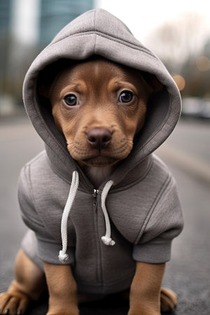 Cute puppy of Rhodesian Ridgeback in hoodie on the streetの素材
