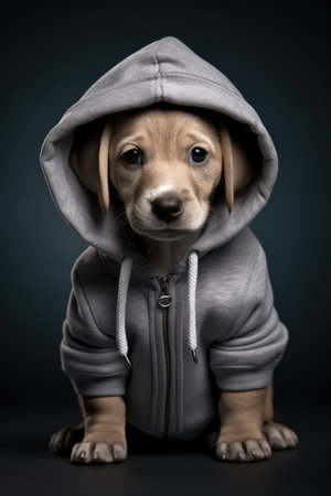 Studio shot of an adorable puppy wearing a hooded sweatshirt.の素材