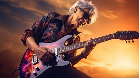 Elderly woman playing the electric guitar on a sunset background.の素材
