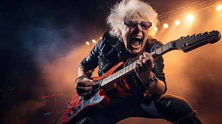 Rock musician playing the electric guitar on stage with smoke and lights.の素材