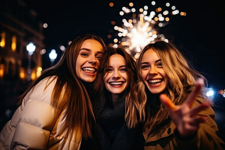 Three beautiful young women with sparklers in the city at night.の素材