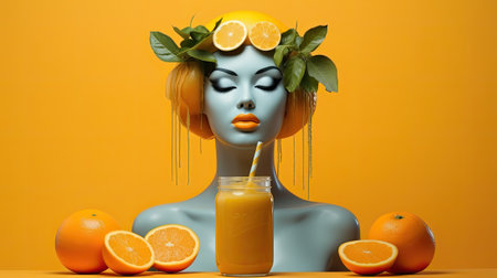 Beautiful woman with orange juice and oranges on a yellow background.の素材