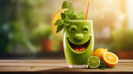 Smiling face made of fresh green smoothie with lemon, lime and mint.の素材
