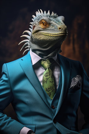 Portrait of a bearded dragon in a suit and tie on a dark background.の素材