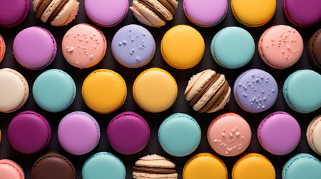 Colorful macaroons on a black background. Top views.の素材