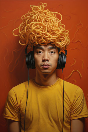 Portrait of young asian man listening to music with headphones.の素材