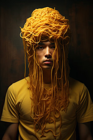 Portrait of a young man with yellow noodles on dark background.の素材