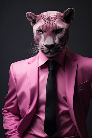 Panther in pink suit and necktie. Studio shot.の素材