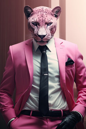 Fashionable portrait of a leopard in a pink suit.の素材