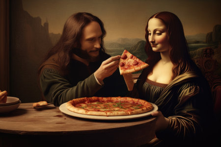 Young woman and man eating pizza. Retro style toned image.の素材