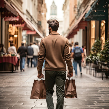 Rear view of young man with shopping bags walking in the cityの素材