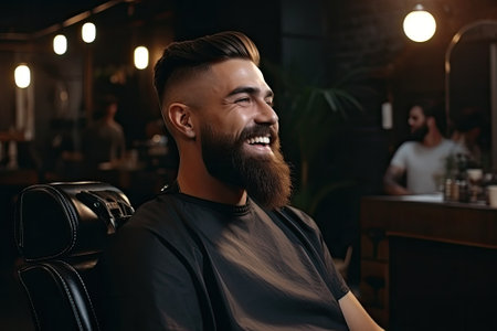 Handsome bearded man sitting in a barbershop and smilingの素材