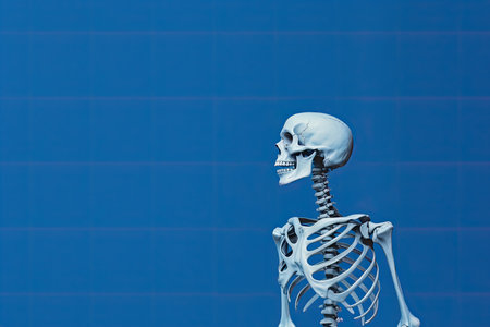 Human skeleton model on blue background with copy space. 3D renderingの素材