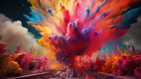 3D illustration of a big explosion in the sky with clouds.の素材