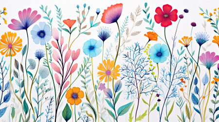 Floral background with colorful flowers. Watercolor hand drawn illustration.の素材