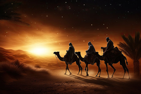 Three wise men on camels in desert with starry sky backgroundの素材