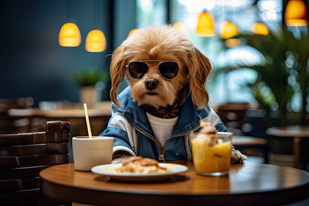 Cute dog in sunglasses sitting in a cafe and drinking orange juiceの素材