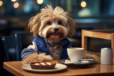 Cute yorkshire terrier dog with cup of coffee in cafeの素材