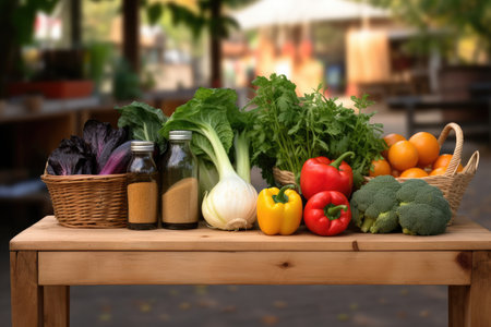 Fresh vegetables in basket on wooden table in outdoor cafe, closeupの素材