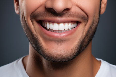 Cropped image of young man with white teeth smiling and looking at cameraの素材