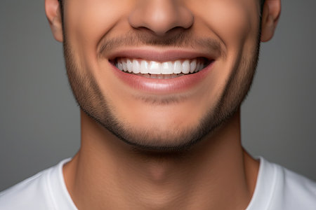 Cropped image of smiling man with white teeth isolated on gray backgroundの素材