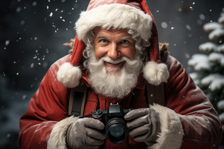 Portrait of smiling santa claus with a camera. Christmas.の素材