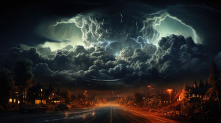 Night landscape with lightning and dark storm clouds. 3D Renderingの素材