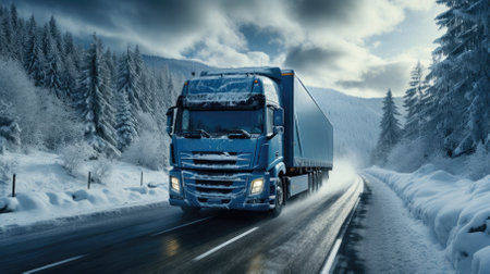 Truck on the road in winter forest. Panoramic image.の素材
