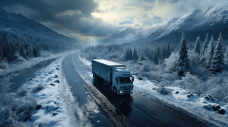 Truck on the road in the winter forest at sunset. 3d renderingの素材