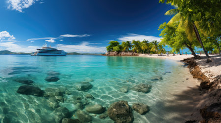 Panorama of luxury cruise ship in turquoise sea at Seychellesの素材