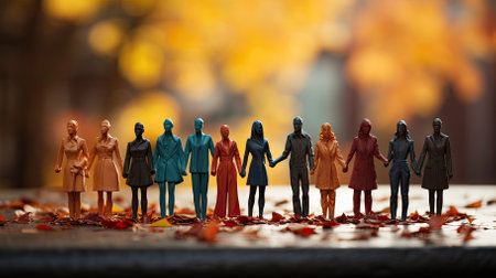 Group of miniature people with autumn leaves. Selective focus on foreground.の素材