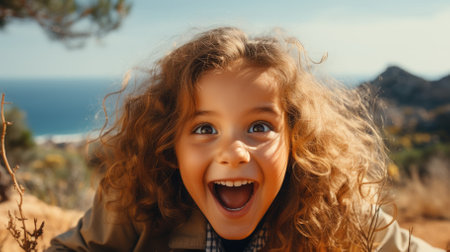 Funny little girl with curly hair on the background of the seaの素材