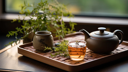 Teapot and cup of green tea on wooden tray on window sillの素材